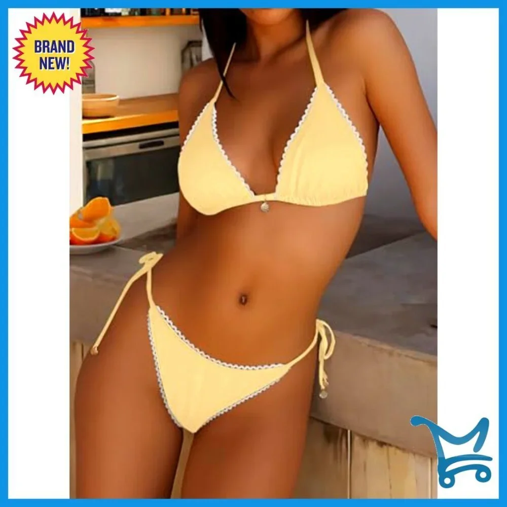 Triangle Bikini Set Sexy Halter Tie Lace Trim Two Piece Swimwear Trendy Beach